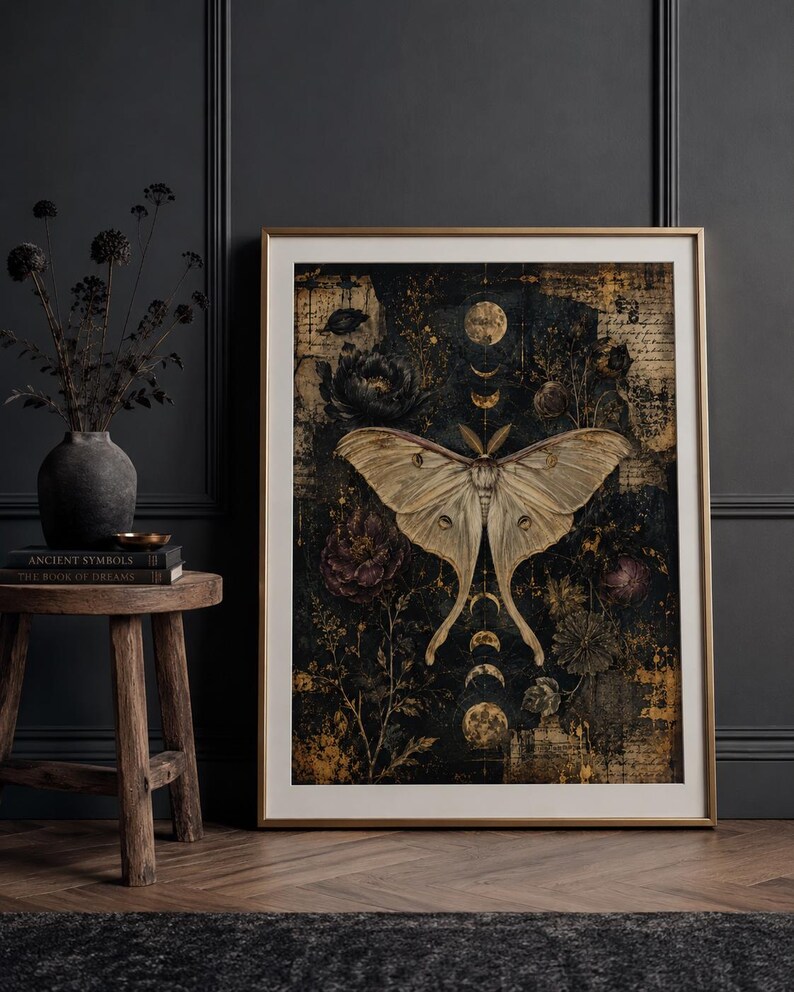 Arte mural de la polilla Luna, lámina botánica oscura, póster gótico de la luna, decoración caprichosa, arte imprimible de la academia oscura, descarga digital imagen 6