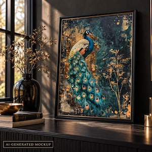 Puede incluir: Una lámina de arte enmarcada que muestra un pavo real con plumaje azul y verde vibrante, sobre un fondo oscuro y texturizado con detalles de pan de oro y tallos de bambú dorados estilizados, en un marco negro fino.