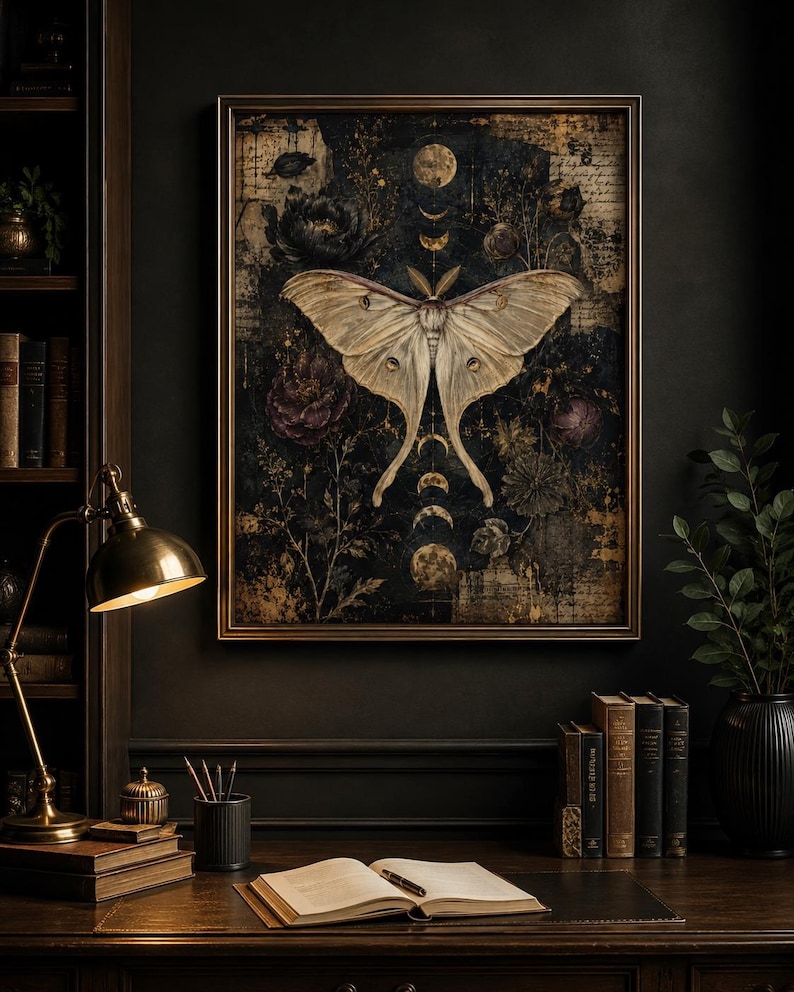 Puede incluir: Una impresi&oacute;n de arte mural rectangular enmarcada que presenta una gran polilla p&aacute;lida centrada sobre un fondo oscuro y texturizado. La obra incluye elementos florales de color p&uacute;rpura intenso, fases lunares doradas y texto manuscrito superpuesto.