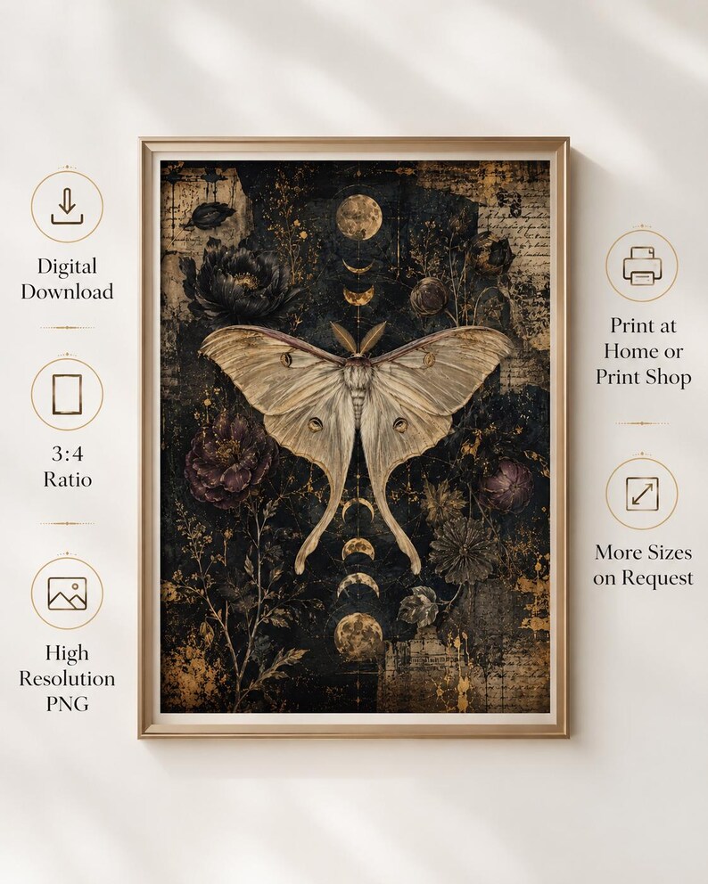 Puede incluir: Una l&aacute;mina de arte enmarcada que presenta una gran polilla p&aacute;lida centrada sobre un fondo oscuro y texturizado con detalles dorados. La composici&oacute;n incluye elementos florales oscuros, una secuencia vertical de fases lunares y texto de estilo antiguo.