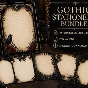 Puede incluir: Una pantalla digital que muestra un paquete de papelería gótica con páginas rayadas, con un cuervo, rosas rojas y motivos lunares. El texto dice GOTHIC STATIONERY BUNDLE, 10 PRINTABLE LINED PAGES, DIN A4 PDF, INSTANT DOWNLOAD.