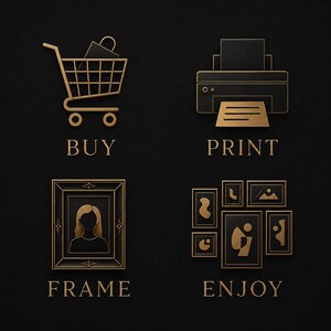 Puede incluir: Un conjunto de cuatro iconos dorados sobre un fondo negro. Arriba a la izquierda, un carrito de compras con el texto BUY. Arriba a la derecha, una impresora con el texto PRINT. Abajo a la izquierda, un retrato enmarcado con el texto FRAME. Abajo a la derecha, una galer&iacute;a de marcos con el texto ENJOY.