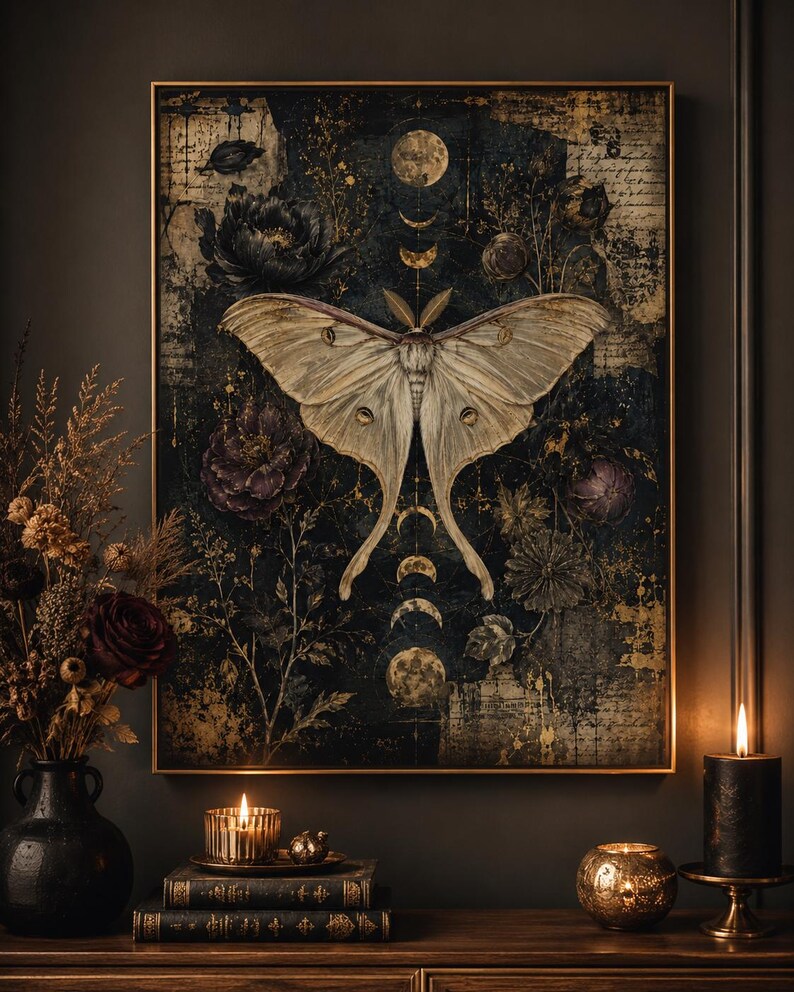 Puede incluir: Un cuadro rectangular que presenta una gran polilla luna p&aacute;lida centrada sobre un fondo oscuro y texturizado. La obra incluye fases lunares en tonos dorados, elementos florales en morado oscuro y negro, y un texto sutil.