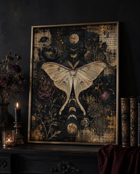 Luna Moth Wall Art, Dark Botanical Print, Gothic Moon Poster, Whimsigoth Decor, Dark Academia Printable Art, Digital Download