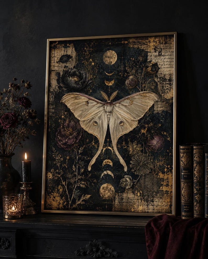 Puede incluir: Una impresi&oacute;n de arte mural rectangular enmarcada que presenta una gran polilla de color beige p&aacute;lido centrada sobre un fondo oscuro y texturizado. La obra incluye ilustraciones de flores oscuras, fases lunares doradas y texto superpuesto.