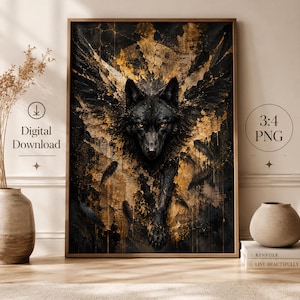 Könnte beinhalten: Gerahmter digitaler Kunstdruck mit einem schwarzen Wolf mit goldenen Flügeln und Akzenten. Das Kunstwerk hat einen strukturierten, abstrakten Stil. Der Text auf dem Druck lautet "Digitaler Download" und "3:4 PNG".