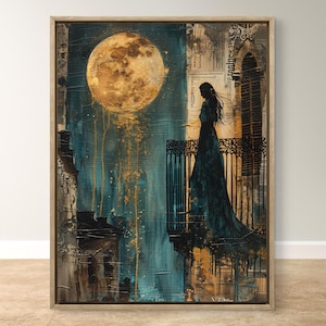 Moon Woman Balcony Print, Dark Celestial Wall Art, Teal Gold Collage Poster, Whimsigoth Decor, Gothic Moon Goddess Printable