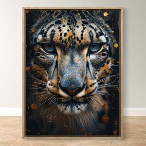 Póster imprimible de lujo con estampado de leopardo, estética oscura, arte de leopardo dorado, decoración moderna de safari para pared, obra de arte de felino salvaje.