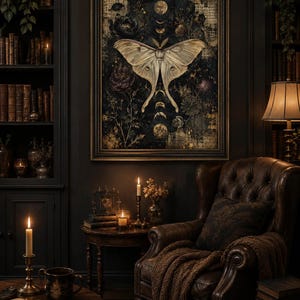 Puede incluir: Una obra de arte mural enmarcada que presenta una gran polilla de color crema centrada sobre un fondo oscuro y texturizado con fases lunares, elementos florales y texto manuscrito, en una habitaci&oacute;n con un sill&oacute;n de cuero.