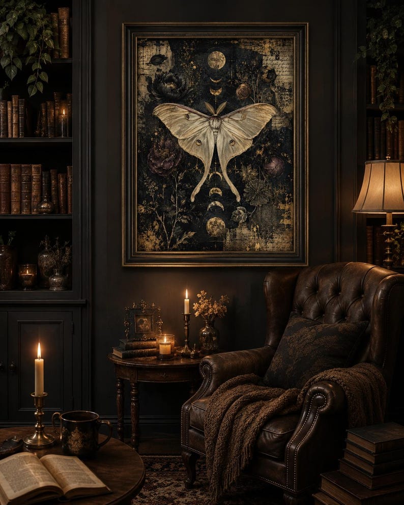 Puede incluir: Una obra de arte mural enmarcada que presenta una gran polilla de color crema centrada sobre un fondo oscuro y texturizado con fases lunares, elementos florales y texto manuscrito, en una habitaci&oacute;n con un sill&oacute;n de cuero.