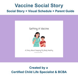 Può includere: Una copertina di libro intitolata "Getting A Vaccine" con illustrazioni di un operatore sanitario e un bambino. Il testo recita "A Story About Keeping My Body Healthy". La copertina è ambientata su uno sfondo lavanda con il testo "Vaccine Social Story".