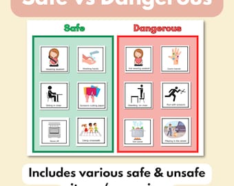 sûr vs dangereux, compétences en matière de sécurité, tri de sécurité, sécurité autistique, ABA, éducation spéciale, bcba, RBT, feuilles de travail imprimables pour enfants