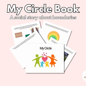 May include: A social story book titled "My Circle Book" about boundaries. The book features colorful illustrations of fences, gates, rainbows, and a family. The text on the cover reads "A social story about boundaries".