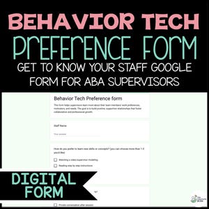 Könnte beinhalten: Ein digitales Formular mit dem Titel "Behavior Tech Preference Form" für ABA-Supervisoren. Das Formular enthält Abschnitte für den Namen der Mitarbeiter und Präferenzen für das Erlernen neuer Fähigkeiten, wie z. B. Videomodel oder Schritt-für-Schritt-Anleitungen. Der Text des Formulars ist in Schwarzweiß mit rosa und türkisfarbenen Akzenten.