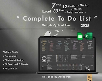 Complete To-Do List, Dark Planner Spreadsheet, Daily, Weekly, Monthly Schedule, Routine and Goal Setting Template, Productivity, Checklist