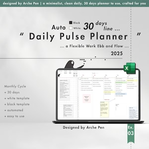 Planificador mensual digital con hoja de cálculo para un horario de trabajo flexible, flujo y reflujo interactivos, lista de verificación diaria, semanal y de 30 días, productividad.