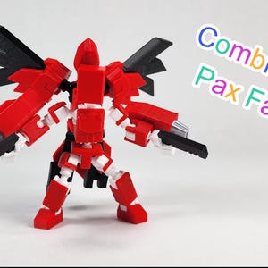 Puede incluir: Un juguete robot rojo, blanco y negro con extremidades y alas articuladas. El juguete tiene dos alas negras con forma de cuchilla y dos armas negras y plateadas montadas en los brazos. El texto de la imagen dice "Combine with Pax Falcon!"