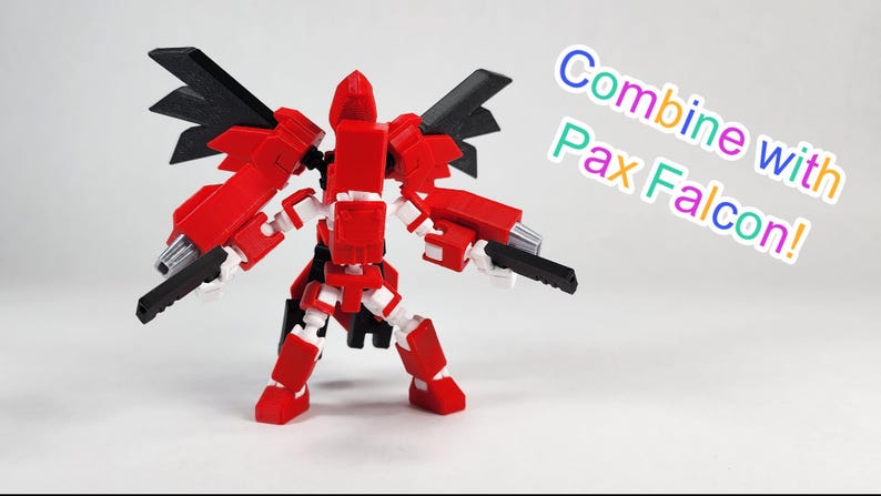 Puede incluir: Un juguete robot rojo, blanco y negro con extremidades y alas articuladas. El juguete tiene dos alas negras con forma de cuchilla y dos armas negras y plateadas montadas en los brazos. El texto de la imagen dice "Combine with Pax Falcon!"