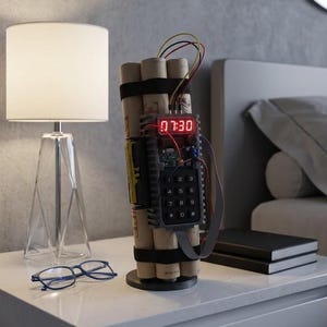 May include: A detailed image of a bomb with a digital display showing 07:30. The bomb is constructed from rolled cardboard tubes, wires, and a keypad. It sits on a white bedside table next to a lamp and glasses.