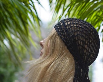 Handmade Crochet Mesh Bandana, Boho Head Scarf, Summer Hair Wrap, Lightweight Head Covering, Festival Headwear, Tie Back Kerchief