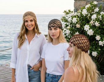 Touca de cabelo brilhante, rede de crochê para cobrir a cabeça, acessório de cabelo artesanal com lantejoulas, estilo boho para festivais.