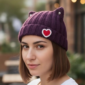 Crochet Cat Ear Beanie Hat with Removable Punk Piercings, Purple Ribbed Knit Kitty Hat with Heart, Kawaii Y2K Grunge Beanie