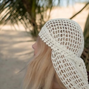 Hand-made Crochet  White Mesh Hair Kerchief/Bandana with Tassel Trim Boha Headscarf Pattern PDF | Boho Mesh Bandana Scarf With  main image 4