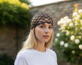 Sparkly Black Hair Net Cap, Crochet Snood Head Covering, Handmade Sequin Hair Accessory, Boho Festival Style