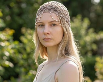Haarnetje met kralen in nertskleur, gehaakte snood als hoofdbedekking, handgemaakt haaraccessoire met kralen, boho festivalstijl