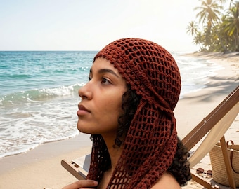 Chocolate Brown Color,Bamboo Cotton Blend Crochet Mesh Durag Bandana,Boho Head Scarf, Summer Hair Wrap, Festival Headwear, Tie Back Kerchief