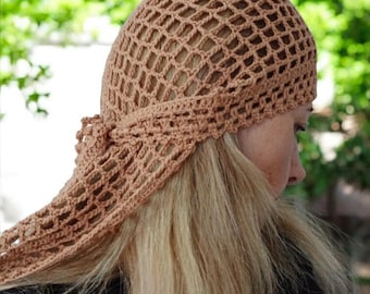 Handmade Crochet Mesh Bandana, Boho Head Scarf, Summer Hair Wrap, Lightweight Head Covering, Festival Headwear, Tie Back Kerchief