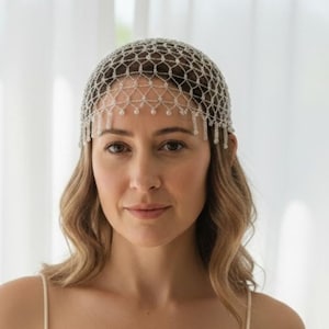 Rete per capelli con perline, accessorio per capelli da sposa argento, copricapo vintage stile flapper, accessorio per capelli da sposa all'uncinetto, rete per capelli boho festival, cappellino alla Giulietta