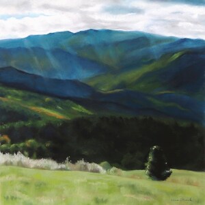 May include: A pastel painting of a mountain range with a single tree in the foreground. The sky is a light blue with white clouds and the mountains are a dark blue with green valleys. The tree is a dark green and is silhouetted against the mountains.