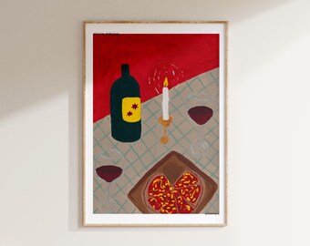 May include: A framed illustration of a still life featuring a bottle of wine, two glasses of red wine, a lit candle, and a slice of pizza on a checkered tablecloth. The background is a red wall.