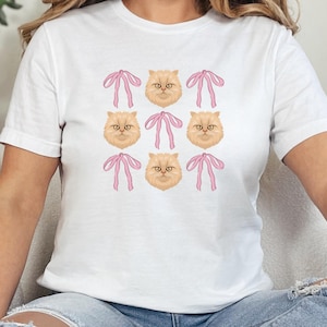 Persian Cat T-Shirt, Cute Kitten with Pink Bows, Trendy Pet Tee, Unique Feline Graphic, Soft Cat Lover Gift Idea
