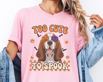 Too Cute To Spook Basset Hound T-Shirt, Funny Halloween Dog Tee, Retro Spooky Season Canine Lover Shirt