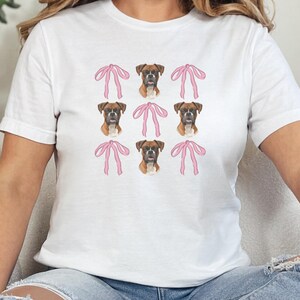Boxer Dog T-Shirt, Cute Pink Bows Pattern, Animal Lover Apparel, Unique Graphic Tee, Gift Idea, Stylish Pet Design (135 characters)