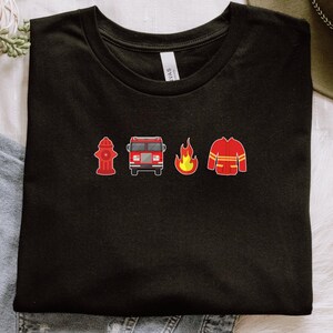 Firefighter Icons T-Shirt Fire Truck Hydrant Flame Graphic Tee Fireman Kids Adult Gift Fire Engine Lover Birthday Present