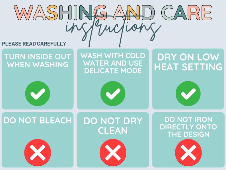 Washing and Care Instructions Wall Art, Laundry Room Decor, Wash Inside Out, Delicate Mode, Low Heat Dry, No Dry Clean, No Direct Iron
