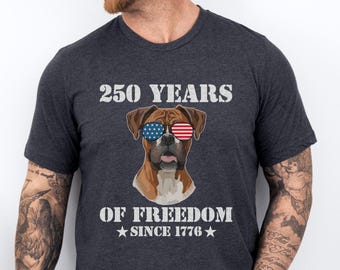 Camiseta con gafas de sol y bandera estadounidense con perro bóxer, camiseta patriótica para amantes de los perros, camiseta para la celebración del 4 de julio, regalo divertido para dueños de mascotas (mamá y papá perrunos).