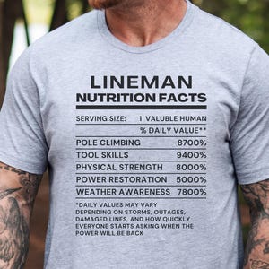 May include: A heather gray short-sleeve t-shirt featuring black text that reads LINEMAN NUTRITION FACTS, followed by a list of skills and percentages including POLE CLIMBING 8700%, TOOL SKILLS 9400%, and a disclaimer about daily values and power outages.