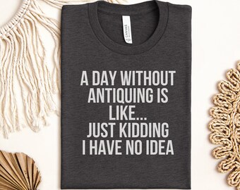 Funny Antiquing Hobby T-Shirt, A Day Without Antiquing is Like Quote Top, Vintage Collector Gift Tee
