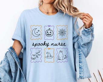 Spooky Nurse T-Shirt, Halloween Nurse Gift, Cute Pumpkin Ghost Cat Witch Hat Bats Spiderweb Moon Stars Festive Healthcare Hero Apparel