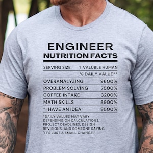 May include: A light gray crew neck t-shirt featuring black text that reads ENGINEER NUTRITION FACTS, followed by a list of percentages for overanalyzing, problem solving, coffee intake, math skills, and I HAVE AN IDEA, plus a disclaimer.