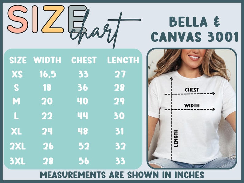 Size Chart Bella Canvas 3001 Shirt, Measurement Guide for XS to 5XL, Sizing Chart for Bella Canvas T-Shirt, Chest Width Length
