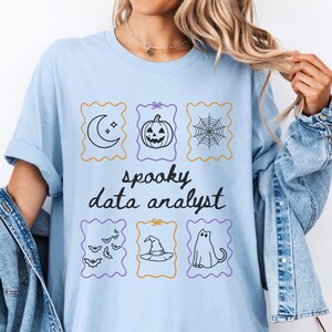 Spooky Data Analyst Halloween T-Shirt | Funny Tech Worker and Programmer Gift | Cute Ghost Cat & Pumpkin Design Data Science Shirt
