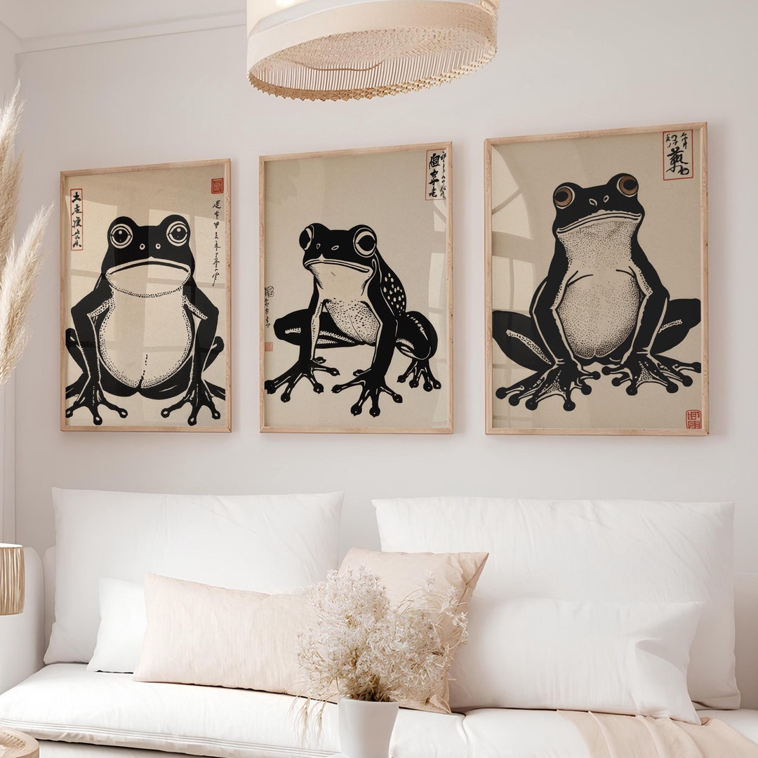 Set of 3 Japanese Frog Print Framed Canvas Wall Art Japanese Matsumoto ...