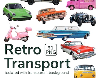 Retro Car Clipart | Vintage Auto PNG, Classic Vehicles, Printable Collage Elements & Poster Design