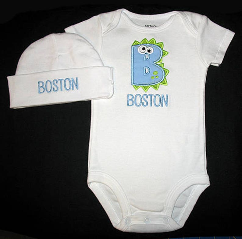 Lt Blue and Lime Green Custom Personalized Applique DINOSAUR ALPHABET and NAME Bodysuit or Shirt