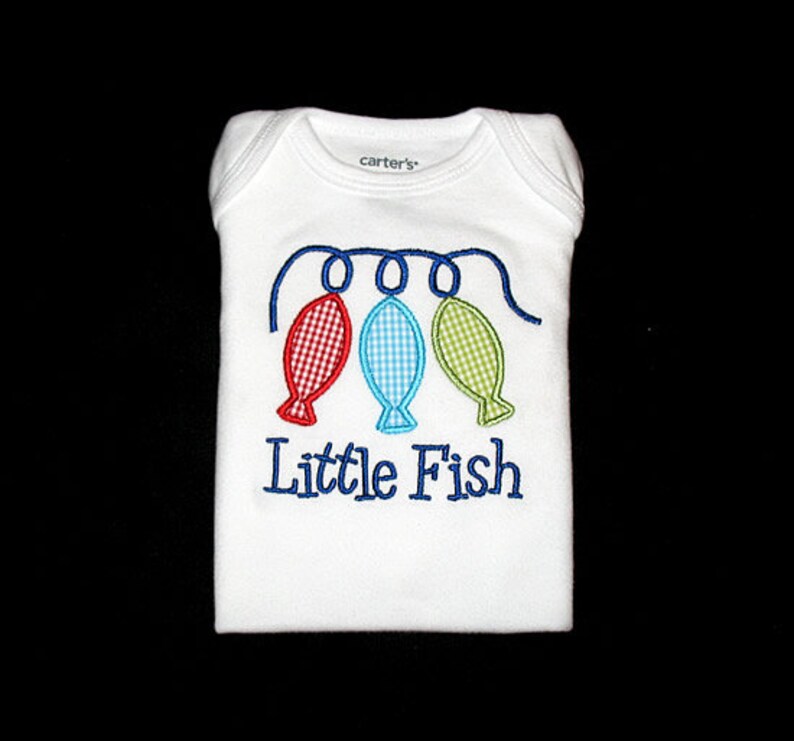 and Lime Green Mini Gingham Check and Navy Blue Custom Personalized Applique STRING of FISH and NAME Bodysuit or Shirt Aqua Red